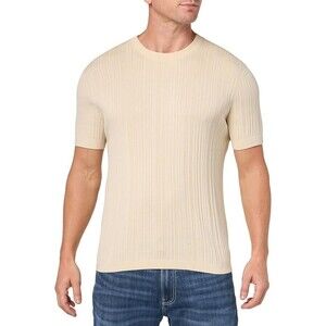 THEORY Shirt Mens Large Tan Fitted Pullover Ribbed Knit DAMIAN Short Sleeve $165